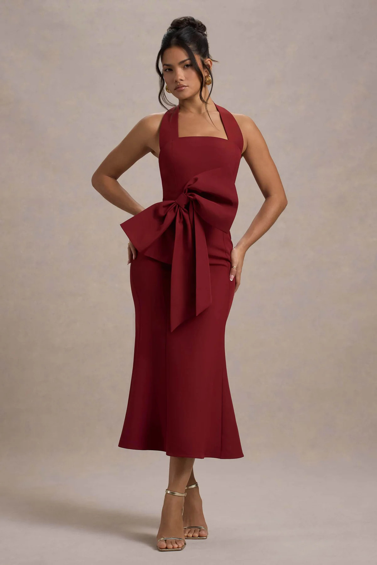 Aman | Berry Halter-Neck Midi Dress With Oversized Bow | Club L London