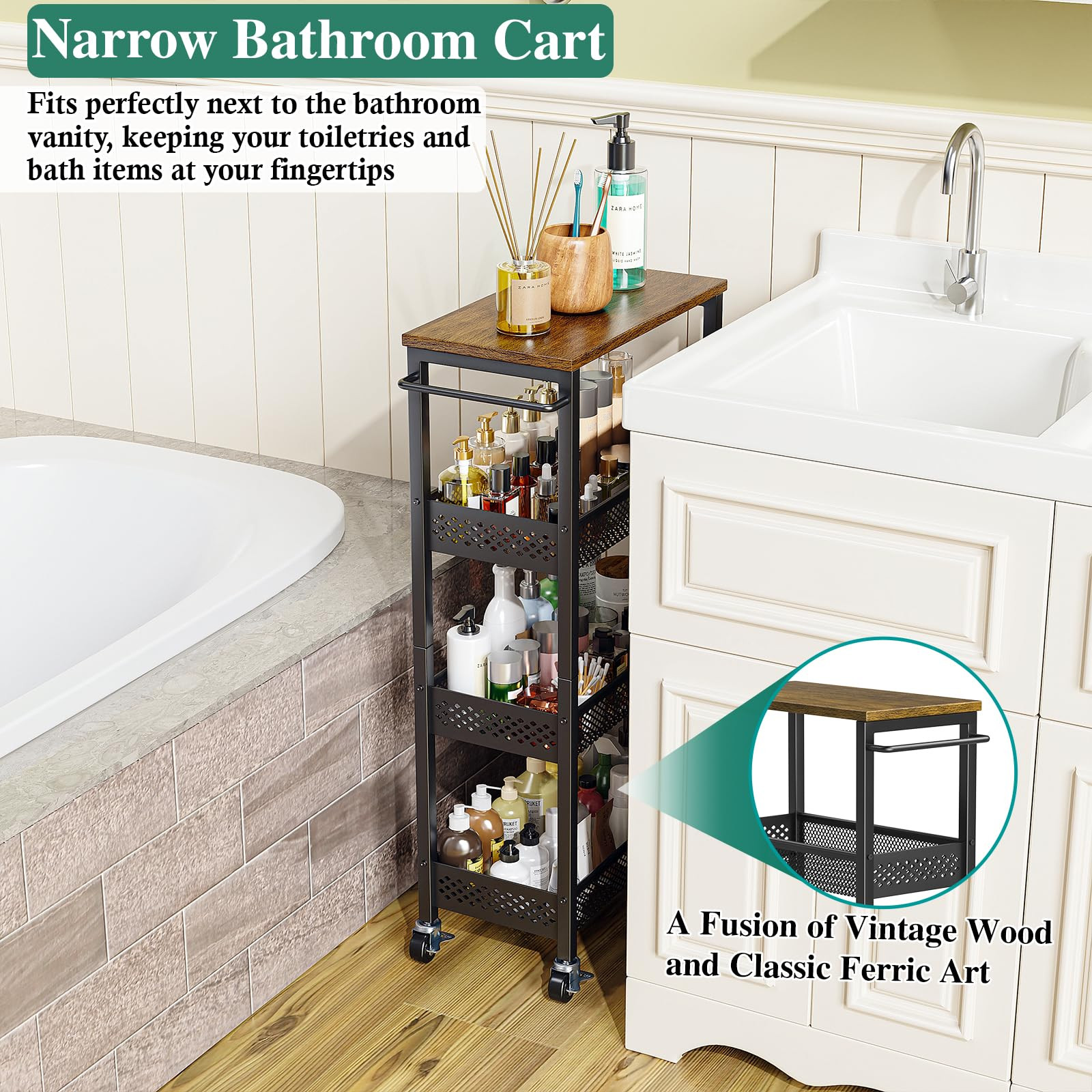 Utility Slim Storage Cart, 4-Tier Narrow Bathroom Organizer and Storage Cart, Metal Narrow Kitche... | Amazon (US)
