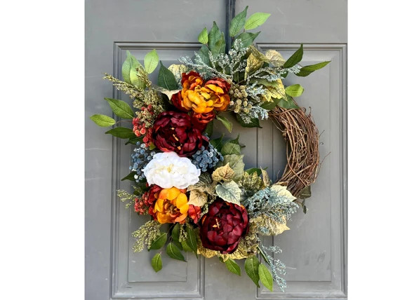 Fall Peony Wreath for Front Door, Autumn Floral Wreath with Rust and Burgundy Peony | Etsy (US)