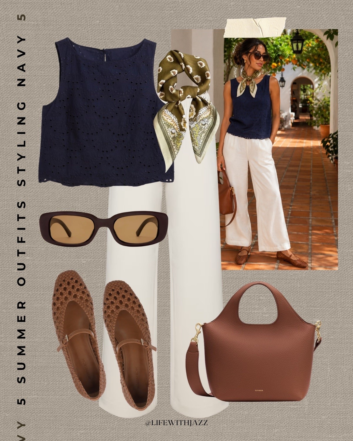 Summer outfit styling navy 

Europe outfit / elevated style / eyelet top / aritzia lodge pull on pants / woven ballet flats / cuyana purse / neck scarf

#LTKootd
