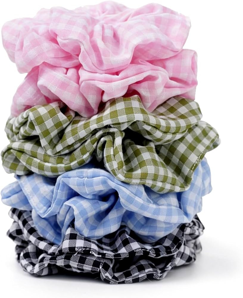 Satin Scrunchies for Women \u2013 8PCS Plaid Mix (Light Blue, Black & White, Pink, Dark Green) Si... | Amazon (US)