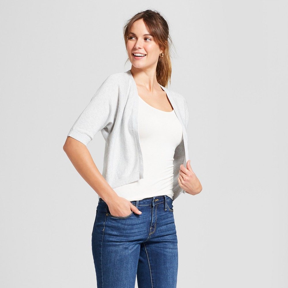 Women's Short Sleeve Shine Cardigan - A New Day Light Gray L | Target