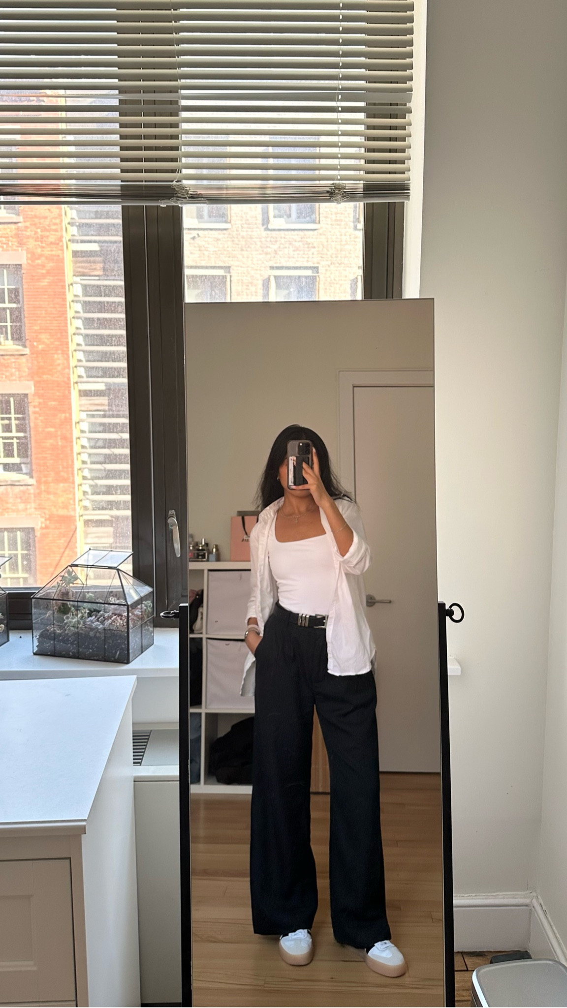 business casual outfit | white top, white button down, black trousers, adidas samba

#LTKStyleTip #LTKWorkwear