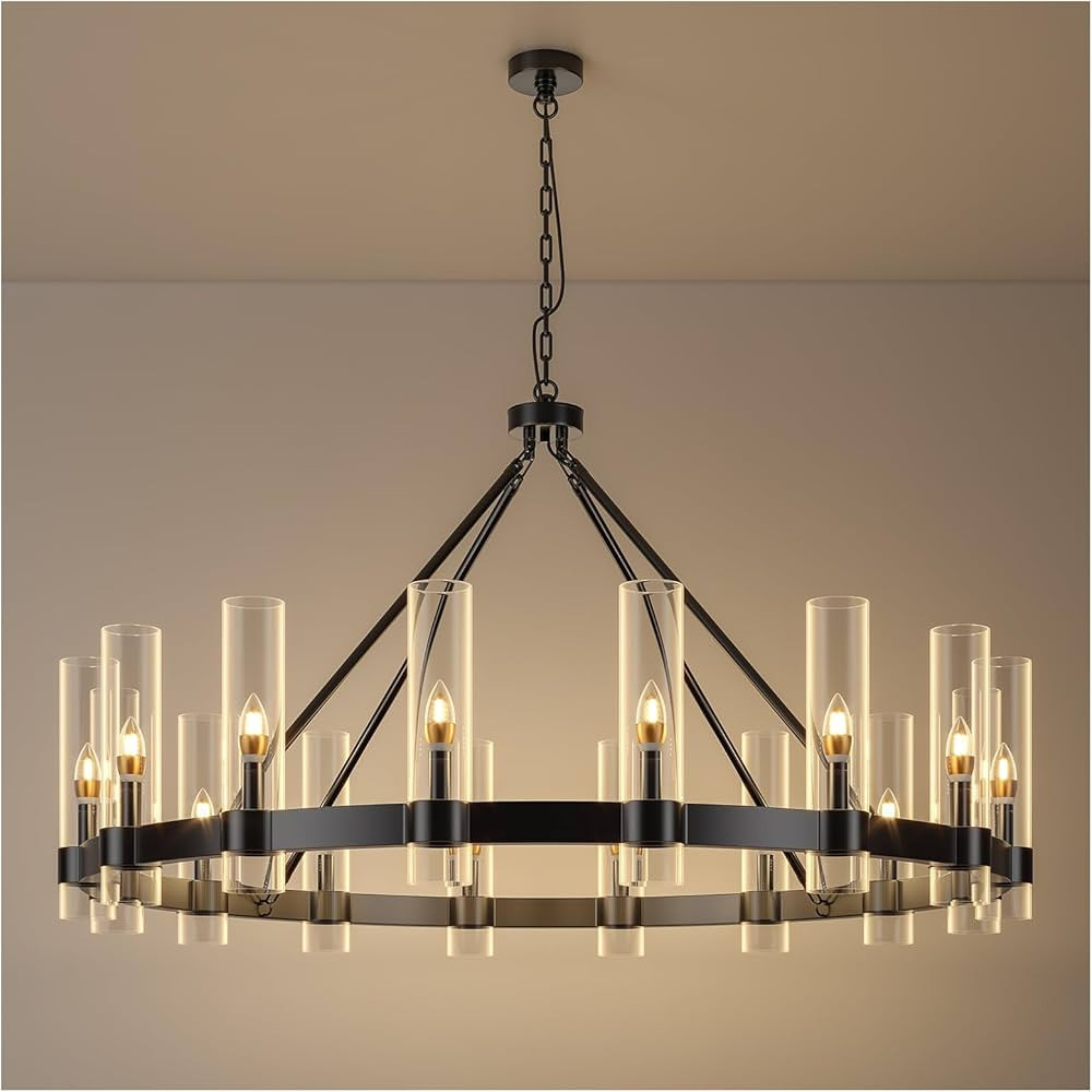 48 Inch Black Wagon Wheel Chandelier with Glass Shade, 16 Lights, Modern Farmhouse Style, Ideal f... | Amazon (US)