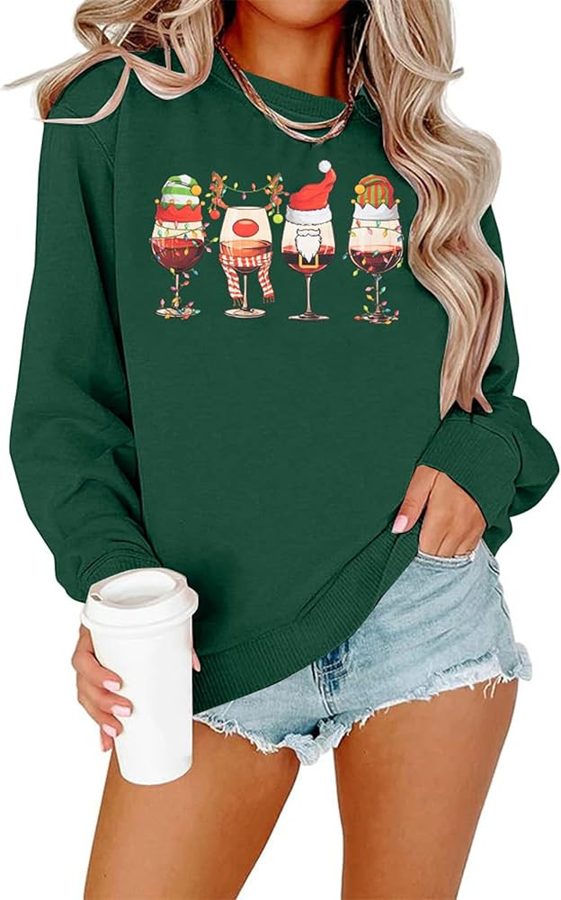 KNEYATTA Christmas Sweatshirt for Women Red Wine Glass Shirt Christmas Pullover Top Ugly Xmas Lon... | Amazon (US)
