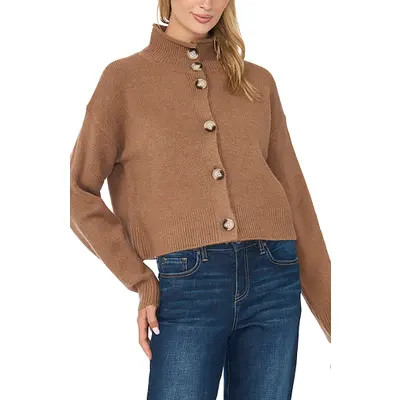 CeCe Roll Edge Mock Neck Cardigan in Rich Black at Nordstrom, Size Xx-Small | Nordstrom