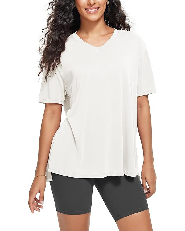 ODODOS Women's Split Hem Oversize Short Sleeve Shirts, Modal Soft V Neck Tee Casual Lounge Yoga T... | Amazon (US)