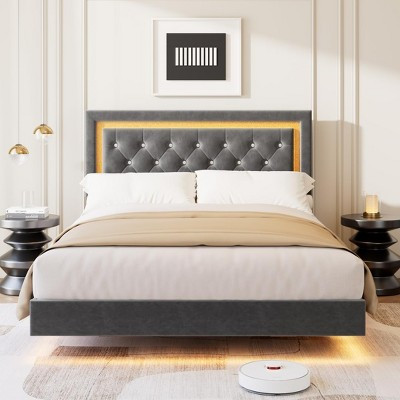 Queen Size Floating Bed Frame with Smart LED Lights, Upholstered Diamond Headboard, No Box Spring Needed, Grey | Target