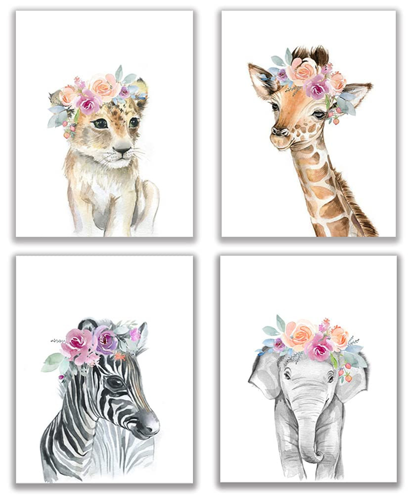 Baby Watercolor Animals Floral Wall Art Prints,8"x12" Tiger Elephant Zebra Giraffe With Wreath On... | Amazon (US)