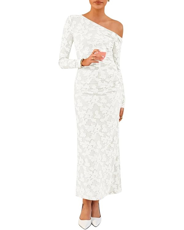 ZESICA Women's Fall Floral Off Shoulder Bodycon Maxi Dresses 2025 Long Sleeve Ruched Elegant Cock... | Amazon (US)