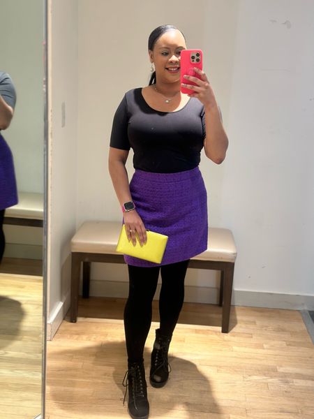 Cute outfit to wear to work 💜🖤 purple a-line tweed skirt (I’m wearing petite size), and a Modern Seamless Scoop Neck Tee in black (size M/L) fits true to size. I paired it with black tights, black boots with a green clutch. Everyone loved my outfit today. Check it out on Ann Taylor. 

#LTKfindsunder100 #LTKworkwear #LTKSpringSale