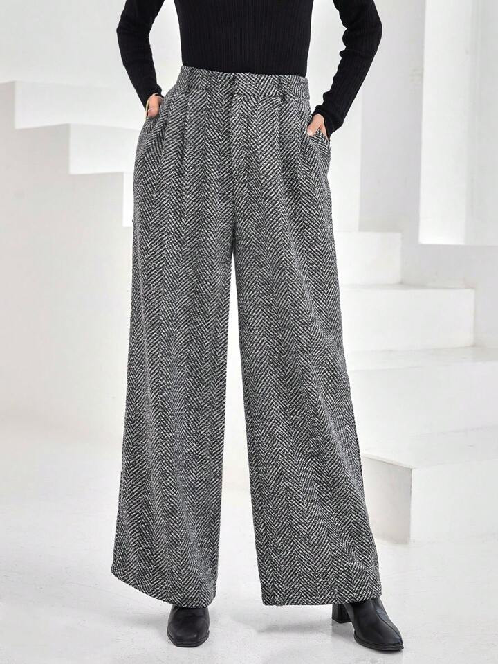 SHEIN Privé Fold Pleated Slant Pocket Wide Leg Pants | SHEIN
