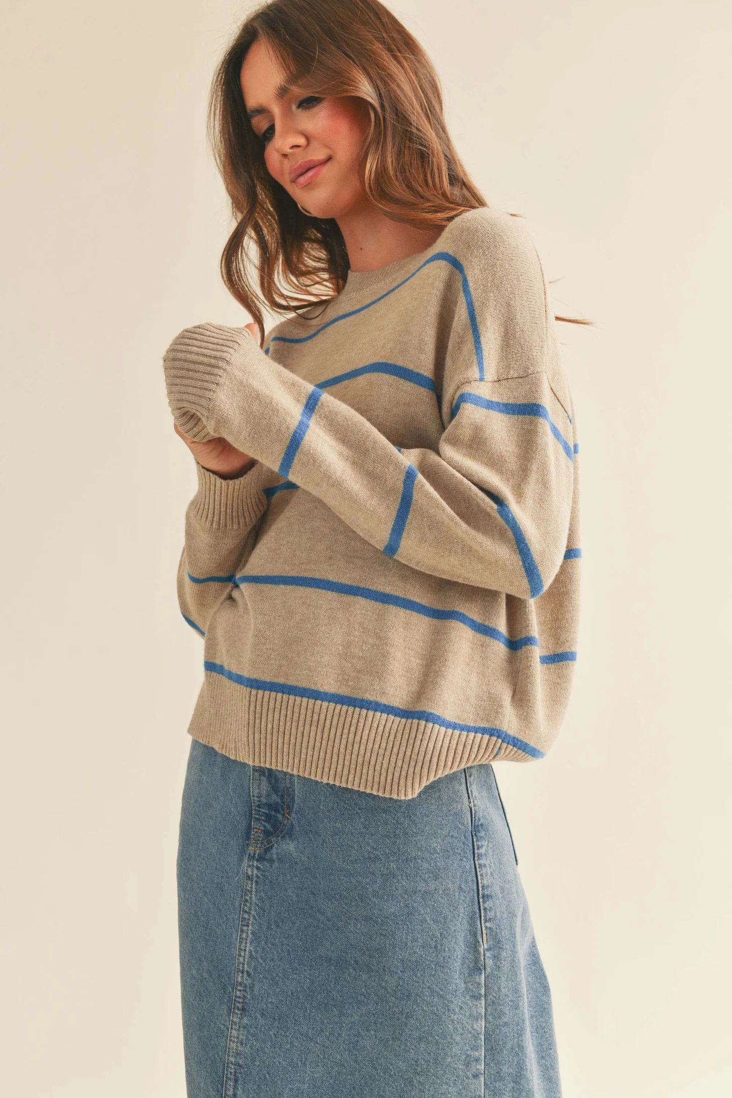 Taupe Striped Basic Sweater | PinkBlush Maternity