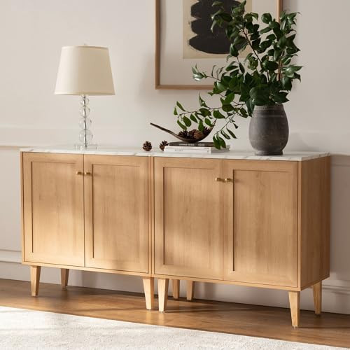 EYYTHUNG Storage Cabinet Set of 2, Sideboard Buffet Modern Accent Cabinets with Faux Marble Top & Adjustable Shelves, Credenza, Console Table Entryway Cabinet for Living Room, Oak | Amazon (US)