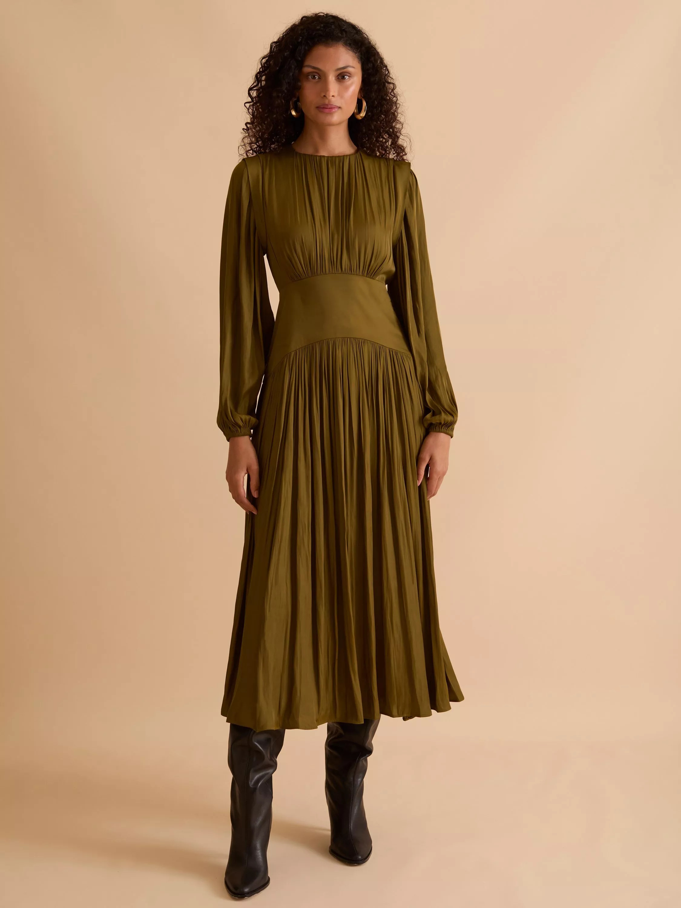 FLORERE Shoulder Detail Midi Dress, Khaki | John Lewis (UK)