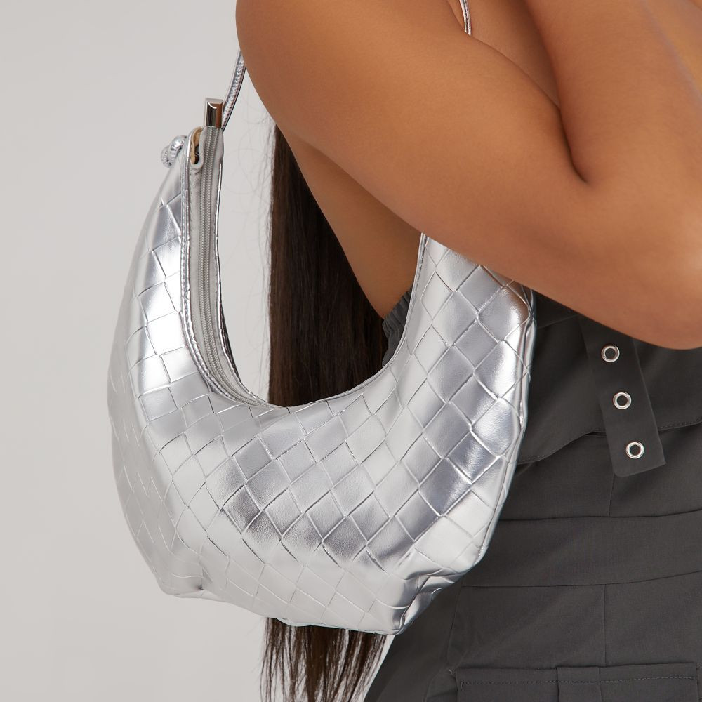 Eyra Woven Detail Half Mood Shaped Shoulder Bag In Silver Faux Leather | EGO (UK)