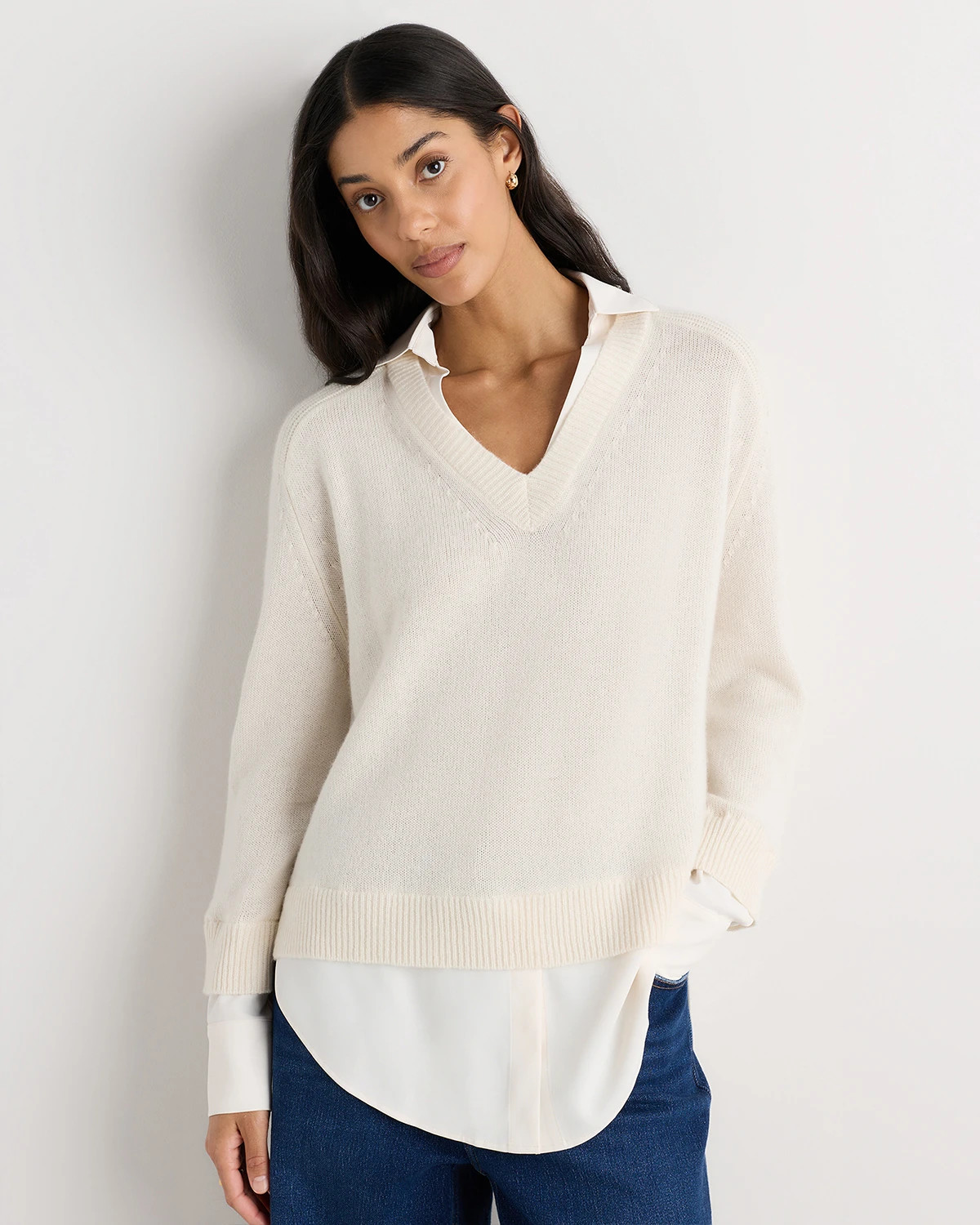 Quince | Women's 100% Mongolian Cashmere Layered V-Neck Sweater in Ivory, Size XL | Quince