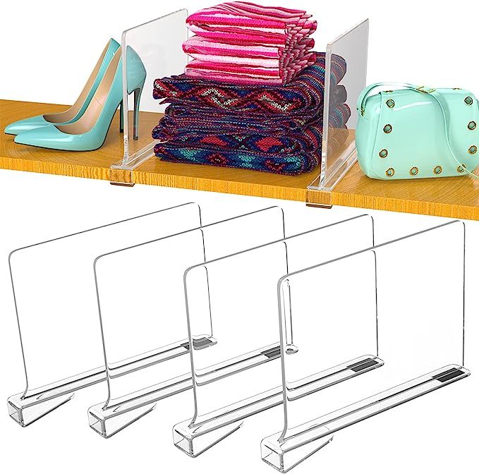 4 Pack Closet Shelves, Shelf Dividers for Closets, Clear Acrylic Shelf Divider, Wood Shelving Uni... | Amazon (US)