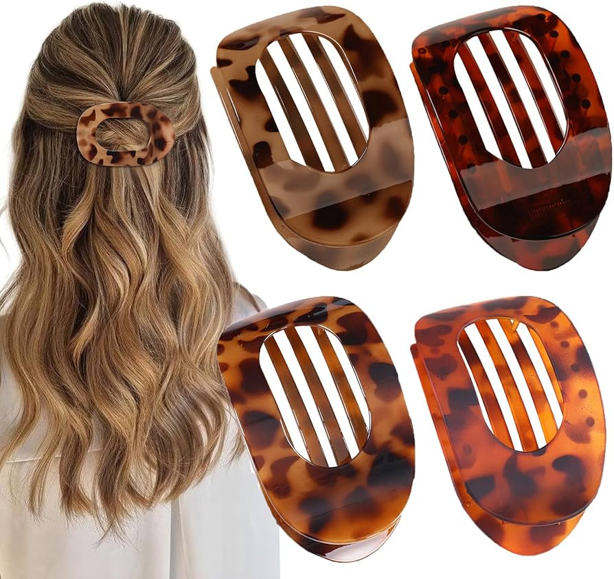 4 PCS Flat Hair Clips, Round Lay Down Claw for Women Girls, French Strong Hold Barrettes for Thic... | Amazon (US)