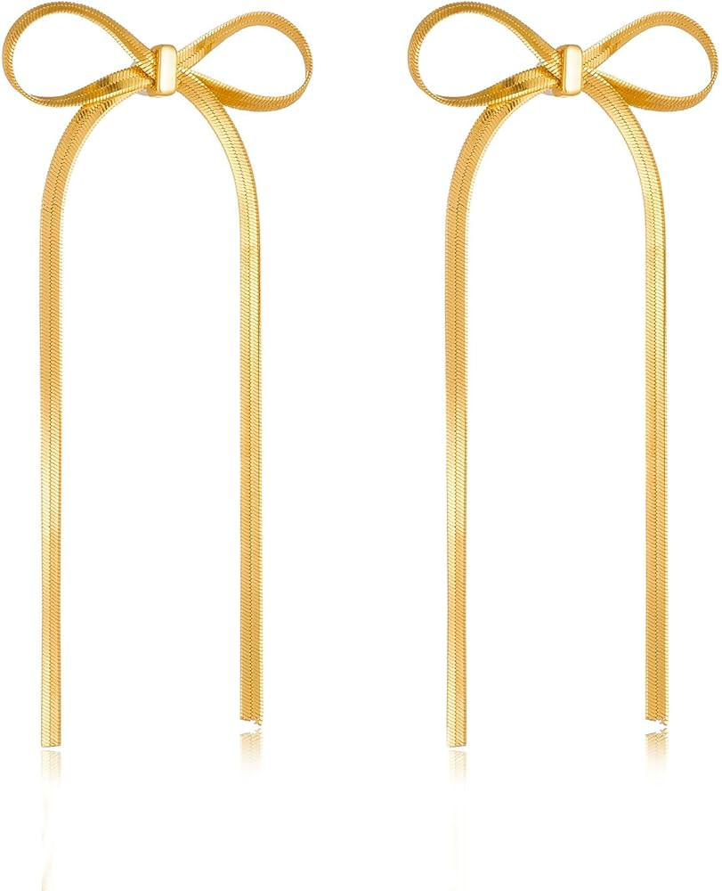 Gold Bow Earrings for Women Silver Bow Stud Earrings Ribbon Earrings Long Bow Dangle Earrings Sil... | Amazon (US)