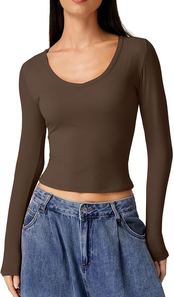 QINSEN Women Double Lined Fitted Basic T Shirts V Neck Long Sleeve Crop Top | Amazon (US)
