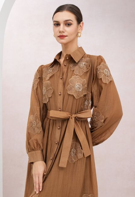 Beaded Floral Appliques Tie-Waist Buttoned Maxi Dress in Caramel for Dressy Brunch & Vacation Din... | Chicwish