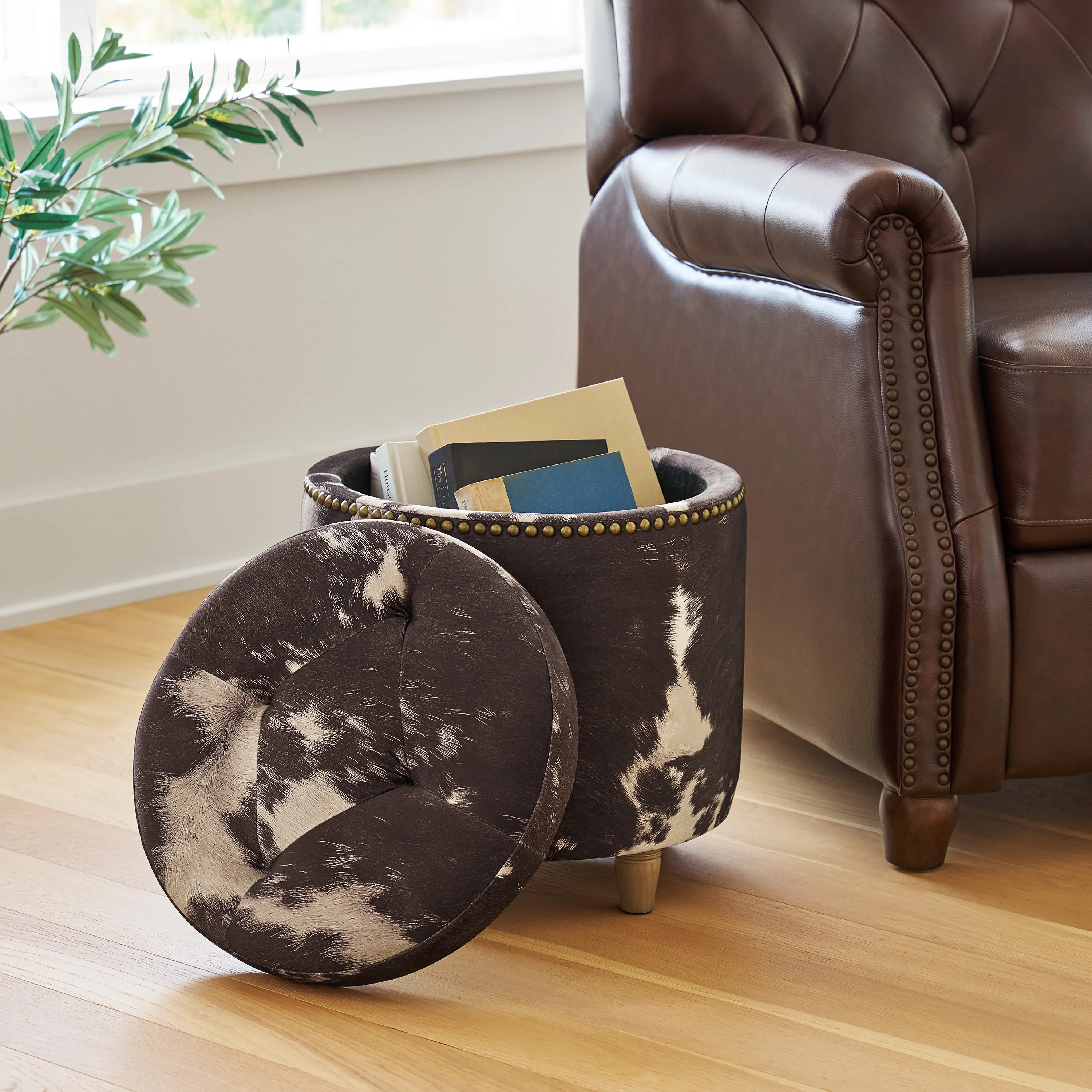 The Pioneer Woman Harper Round Storage Ottoman, Cowhide, 17.72 in | Walmart (US)
