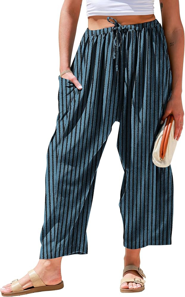 TARSE Womens Wide Leg Striped Linen Pants with Pocket | Amazon (US)