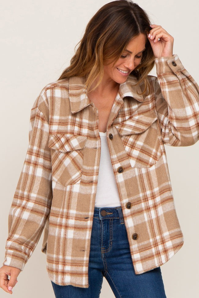 Light Mocha Plaid Front Pocket Shacket | PinkBlush Maternity