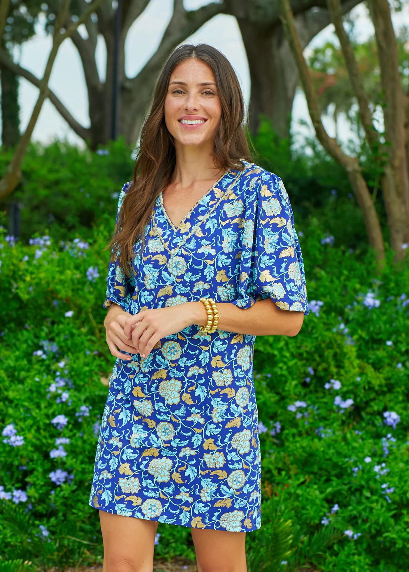 Navy Floral Metallic Embroidered Flutter Sleeve Shift Dress | Cabana Life