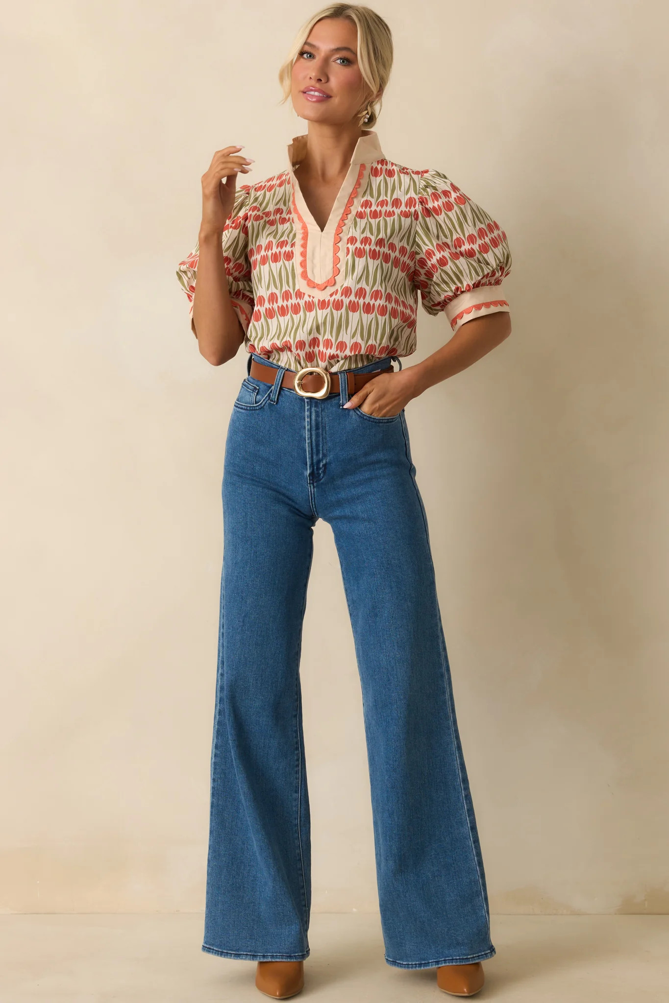 She’s Got Time Ivory Tulip Floral Print Cotton Puff Sleeve Top | Red Dress