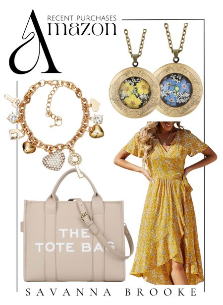 Some recent amazon purchases I’ve been loving. I wore the wrap dress and necklace to my moms funeral. True to size. And the bag I carry to work daily. The charm bracelet I wear almost daily as well. So cute! 

#LTKFindsUnder50 #LTKMidsize #LTKWorkwear
