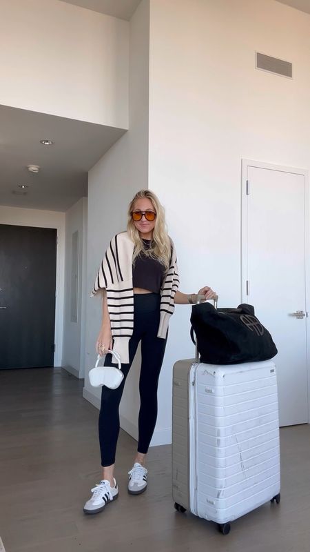 Free people striped sweater for fall- size small (ON SALE), leggings are better than align (FP movement wearing size XS), linked my luggage and bag too 

#LTKtravel #LTKSeasonal #LTKstyletip