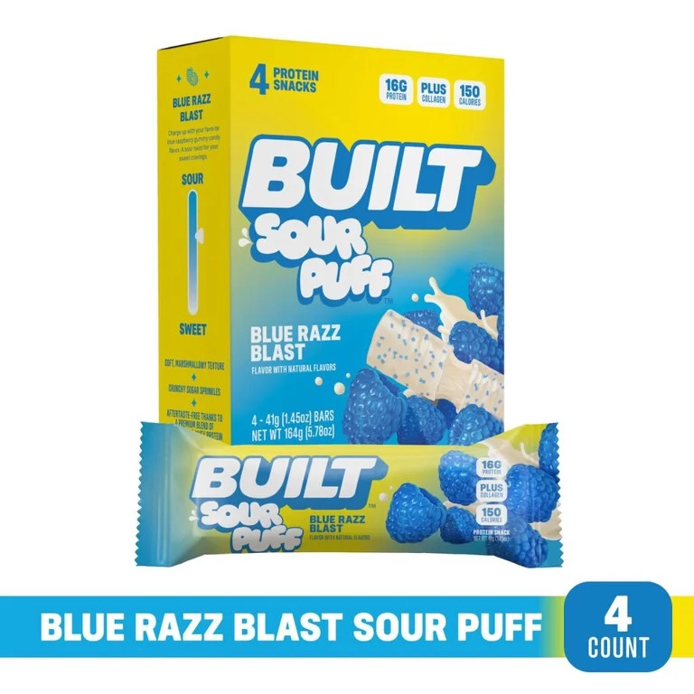 BUILT Sour Puff Protein Bar, Blue Razz Blast, 16g Protein, Collagen, 150 Calories, 4 Count Box, 1... | Walmart (US)