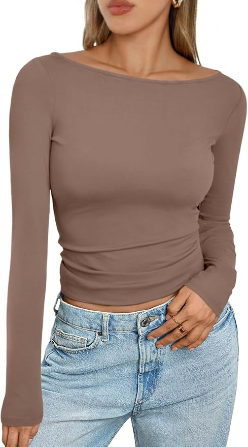 Trendy Queen Women's Boat Neck Tops Long Sleeve Shirts Casual Fitted Tee Shirts Solid Color Fall ... | Amazon (US)