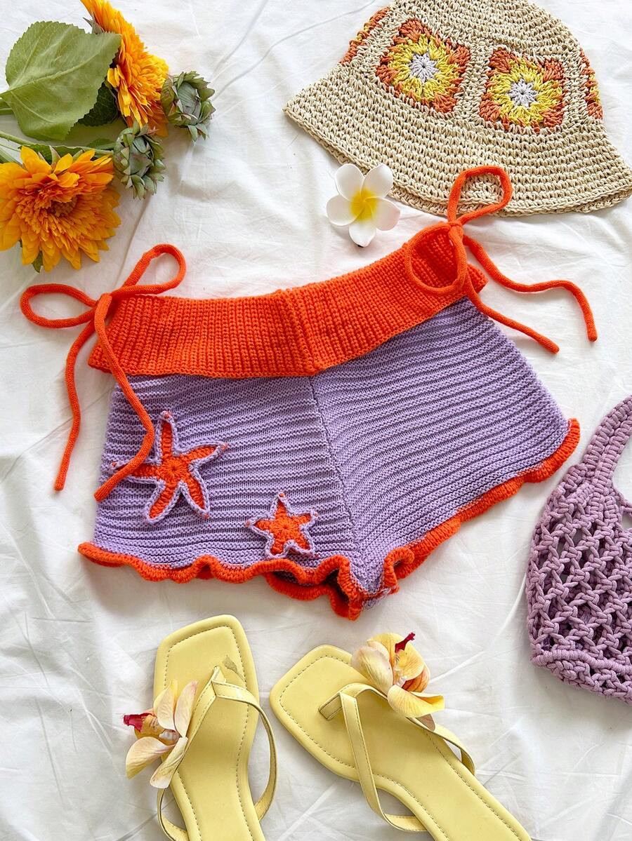 Soleia New 3D Woven Starfish Contrast Color High Waist Tie Knit Shorts, Bohemian, Boho, Vacation,... | SHEIN