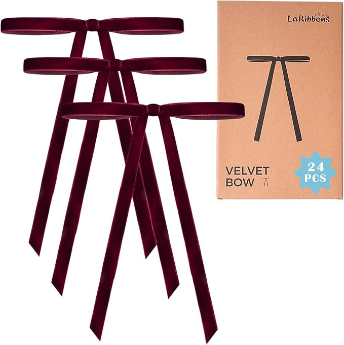 LaRibbons 24 Pcs Burgundy Velvet Bows for Christmas Tree, Door, Garland, Wreath, 3/8" Wide, 5"x7"... | Amazon (US)