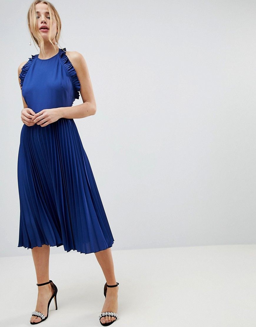ASOS Pleated Midi Dress With Ruffle Open Back - Blue | ASOS US