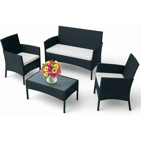 EconoHome 4-Piece Outdoor Patio Furniture Set - Patio Set with 2 Rattan Chairs, 1 Loveseat & 1 Glass -Top Coffee Table - Weather-Proof Wicker with Cushions - Conversation Set for Porch, Balcony, Lawn | Walmart (US)