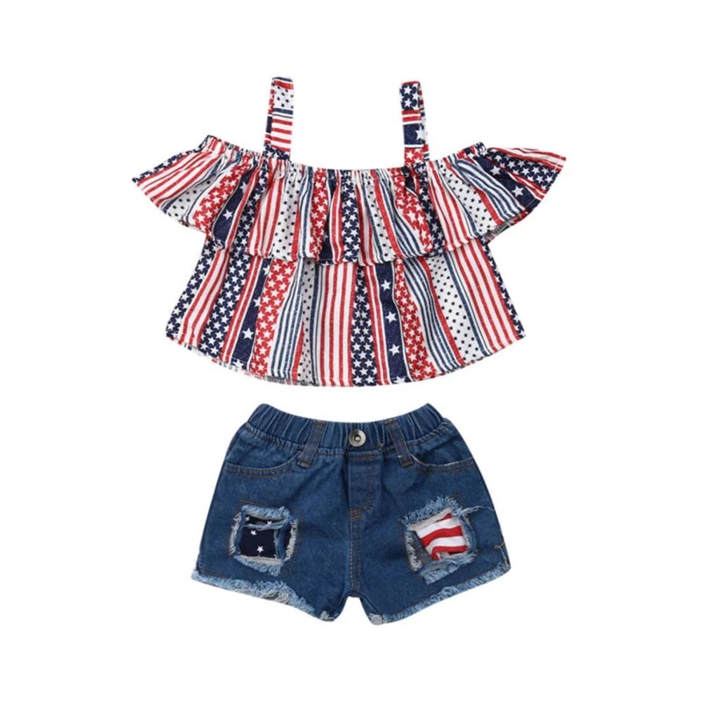 Fashion 4th Of July Toddler Kids Girls Clothes Set Strap Tops+Denim Shorts 2Pcs Infant Girls Flag... | Walmart (US)