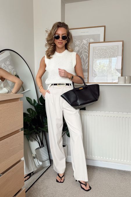 Spring outfit, neutral outfit, formal trousers, Uniqlo, knitted vest top, varley, spring knitwear, heeled flip flops, h&m, free people sunglasses, mango, DeMellier bag 

#LTKstyletip #ThisIsMyBestT #LTKxUNIQLO