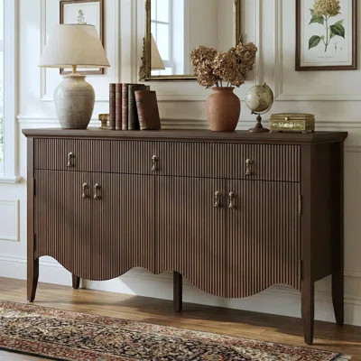 57-inch Sideboard Buffet Cabinet With 3 Drawers And 4 Doors, Vintage Fluted Sideboard With Scalloped Base, Vintage Storage Cabinet For Dining Room, Or | Wayfair North America