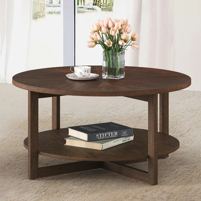 Dycanpo 35'' Wood Round Coffee Table with Storage for Living Room,Dark Walnut | Walmart (US)