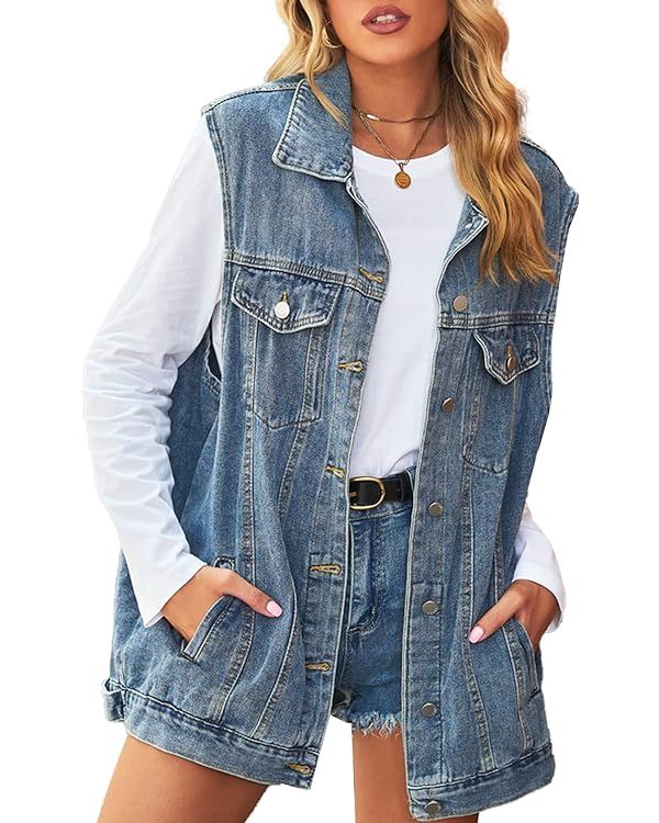 Gratoryna Womens Denim Jean Vest Oversized Sleeveless Button Down Mid Long Denim Jean Jacket | Amazon (US)