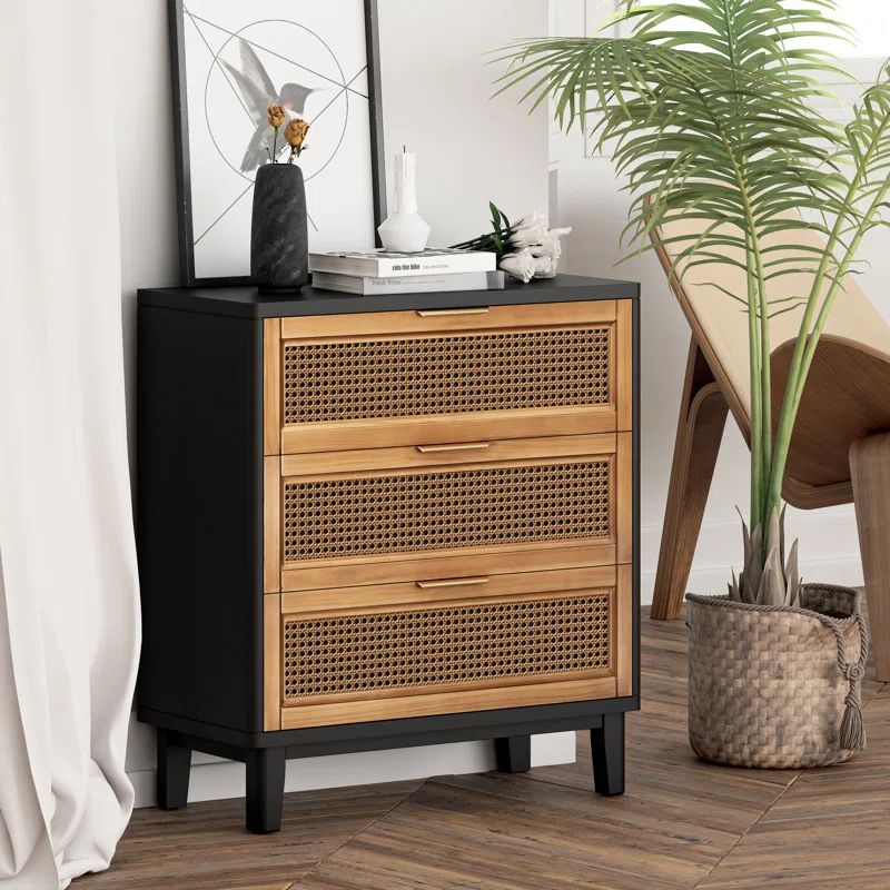 Aril 3-Drawer Woven Cane Front Accent Chest, Mid Century Modern 3 Drawers Nightstand | Wayfair North America