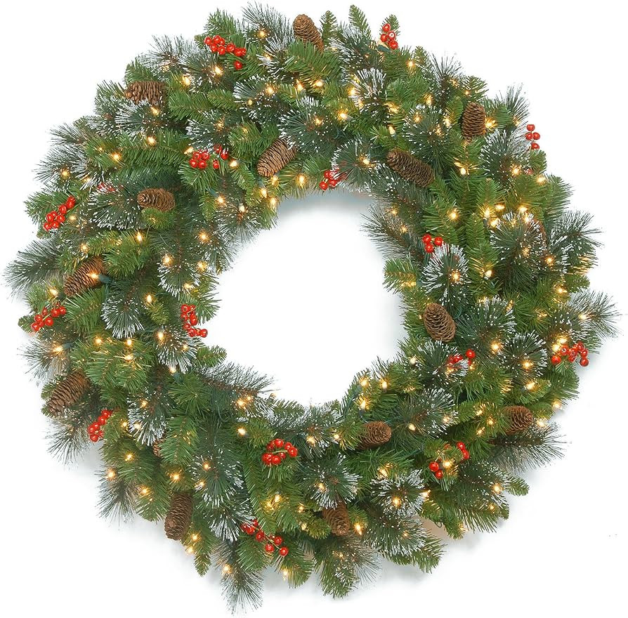 National Tree Company Pre-Lit Artificial Christmas Wreath, Green, Crestwood Spruce, White Lights,... | Amazon (US)