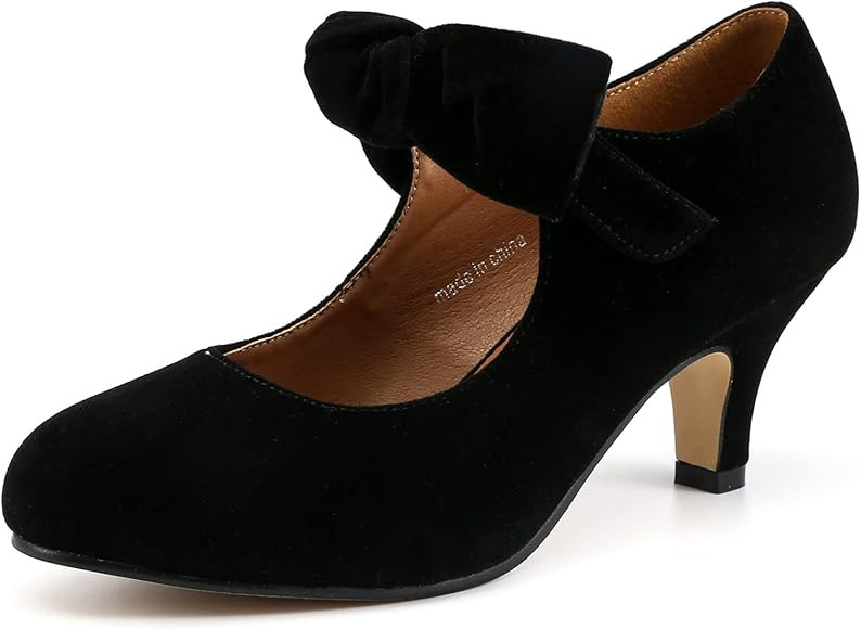 LIURUIJIA Women's Bow Heels Mary Jane Kitten Heel Pumps Round Toe Low Heels Ankle Strap Wedding E... | Amazon (US)