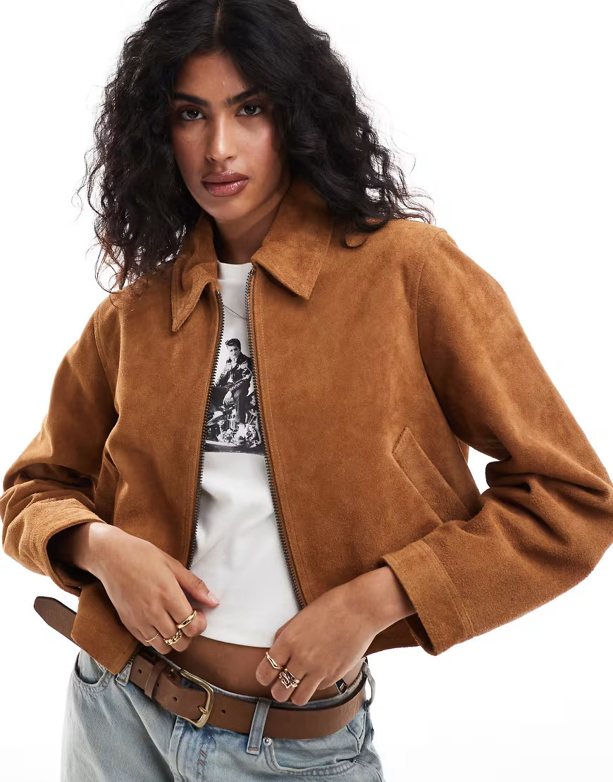 ASOS DESIGN suede top collar jacket in tan-Brown | ASOS (Global)