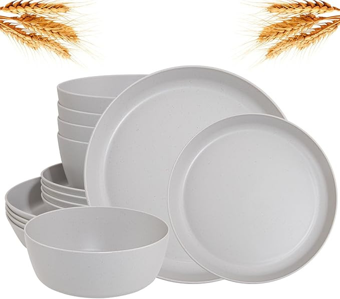 EI 12pcs Wheat Straw Dinnerware Set of 4,Plastic Plates Reuasble Unbreakable,Plastic Plates and B... | Amazon (US)
