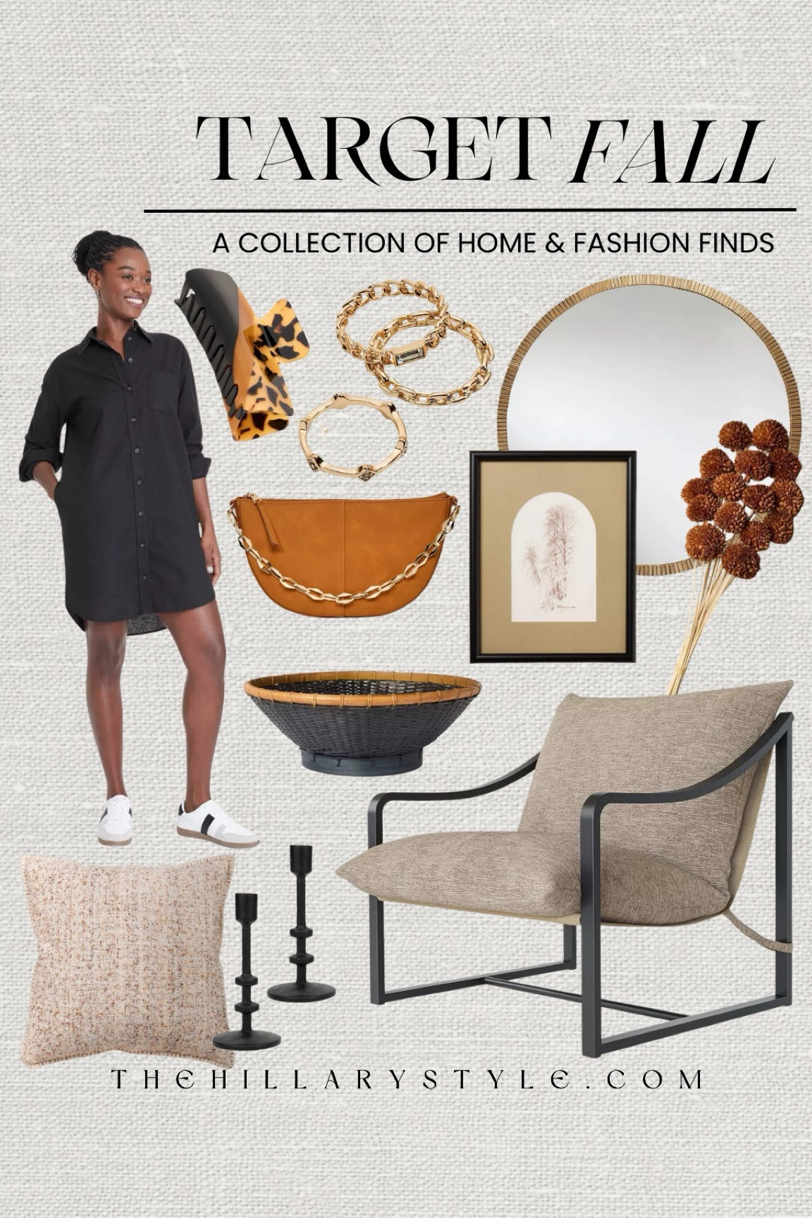 Target Fall Collection: home decor and fashion finds for fall. Black shirt dress, handbag, claw clip, ring set, accent chair, gold mirror, framed art, fall stems, black bowl, throw pillow, black candle holders.

#LTKSeasonal #LTKHome #LTKStyleTip